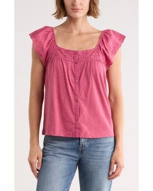 Lucky Brand Cap Sleeve Button-Up Top - Pink