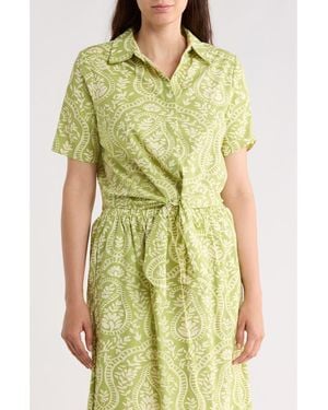 Tahari Tie Front Short Sleeve Button-Up Shirt - Green