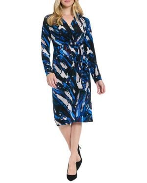 London Times Long Sleeve Faux Wrap Shirtdress - Blue