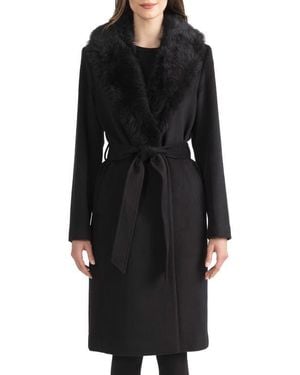 Sofiacashmere Belted Genuine Shearling Trim Coat - Black