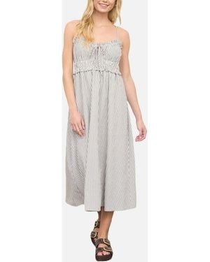 Blu Pepper Stripe Ruffle Shirred Seersucker Midi Dress - Gray