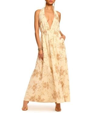 Ramy Brook Imelda Metallic Floral Plunge Halter Neck Maxi Dress - Natural