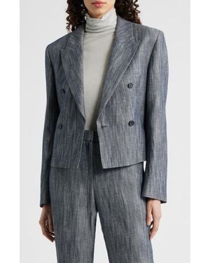 BOSS Jelsia Belted Sharkskin Twill Double Breasted Crop Blazer - Gray