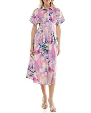 Nicole Miller Pintuck Waist Midi Shirtdress - Pink