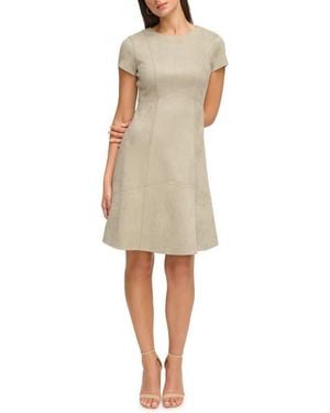 Kensie Scuba Knit Faux Suede Fit & Flare Dress - Natural