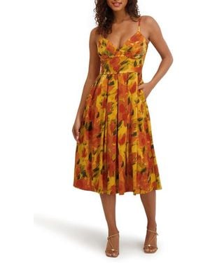 Siena Jewelry Printed Satin Fit & Flare Midi Dress - Orange