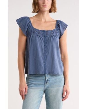 Lucky Brand Cap Sleeve Button-Up Top - Blue