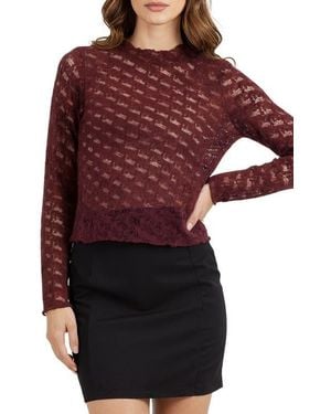 Lush Bow Textured Mock Neck Long Sleeve Mesh Top