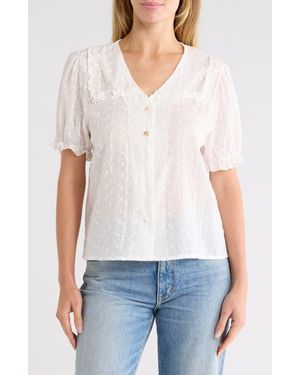 Forgotten Grace Eyelet Button Front Top With Ruffled Collar - White