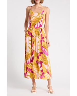 Halogen® Print Drop Waist Smocked Back Dress - Orange