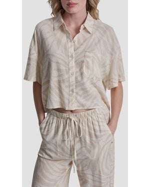 DKNY Cropped Drop Shoulder Linen Blend Top - Gray