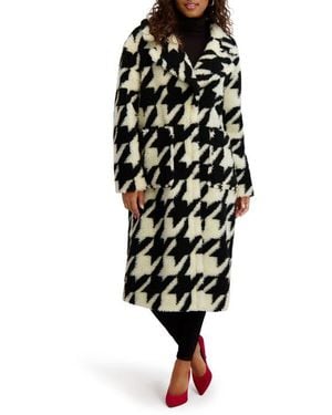 Kensie Houndstooth Faux Shearling Coat - Black