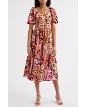 Vince Camuto Print Square Neck Puff Sleeve Maxi Dress - Red