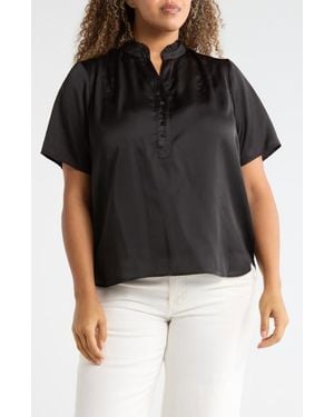 Tahari Ruffle Split Neck Short Sleeve Top - Black