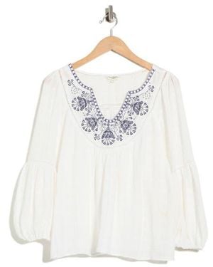 Max Studio Embroidered Long Sleeve Cotton Top - White