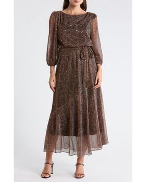 Julia Jordan Balloon Sleeve Metallic Plissé Midi Dress - Brown