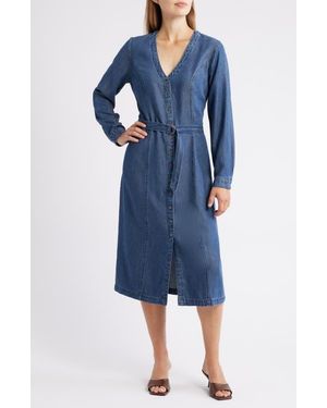 Cloth & Stone Long Sleeve Belted Denim Midi Dress - Blue