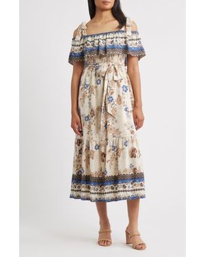 Anne Klein Off The Shoulder Mix Print Midi Dress - Multicolor