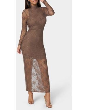 Bebe Illusion Lace Long Sleeve Body-Con Dress - Brown