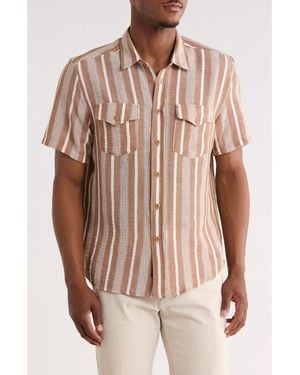 Frye Stripe Short Sleeve Button-Up Shirt - Brown