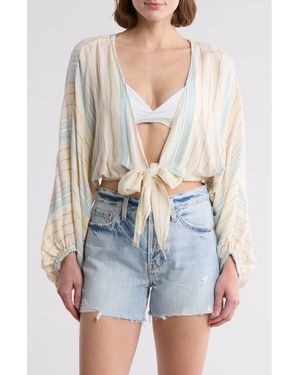 Elan Yarn Stripe Tie Front Cover-Up Top - Blue