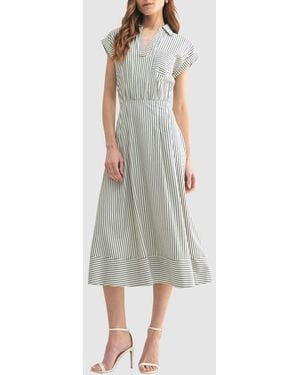 Mila + Mate Stripe Collared Short Sleeve A-Line Midi Dress - Multicolor