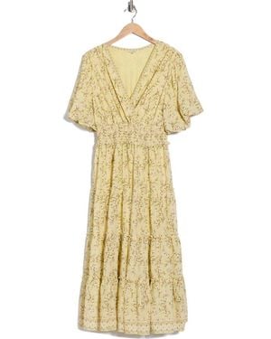 Max Studio Print Puff Sleeve V-Neck Dress - Metallic