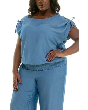 Nina Leonard Cap Sleeve Eyelet Top - Blue
