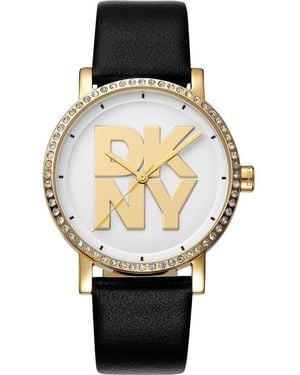 DKNY Crystal Bezel Three Hand Quartz Leather Strap Watch, 36Mm - Black