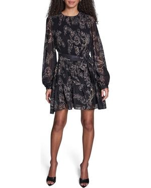 BCBGMAXAZRIA Floral Pleated Chiffon Long Sleeve Dress - Black