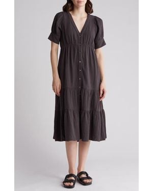 Madewell Lightspun Tiered Button Front Midi Dress - Black