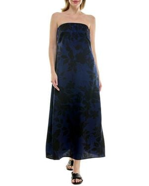 Nicole Miller Strapless Print Satin Maxi Dress - Blue