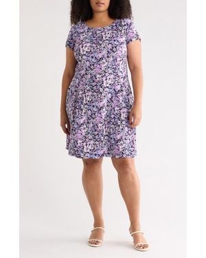 Connected Apparel Floral Short Sleeve Shift Dress - Purple