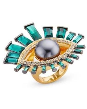 Kurt Geiger Imitation Pearl & Crystal Evil Eye Cocktail Ring - Blue