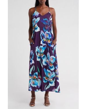Connected Apparel Floral Print Satin Slipdress - Blue