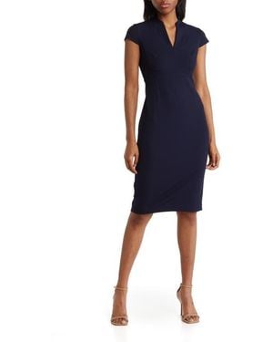 Calvin Klein Cap Sleeve Split V-Neck Sheath Dress - Blue