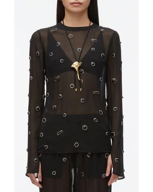 3.1 Phillip Lim Embellished Silk Chiffon Long Sleeve Top - Black