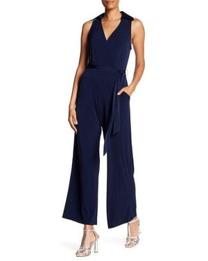Nina Leonard Solid Tie Waist Jumpsuit - Blue