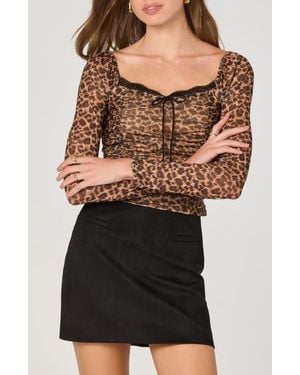 Astr Lace Trim Long Sleeve Ruched Mesh Top - Black