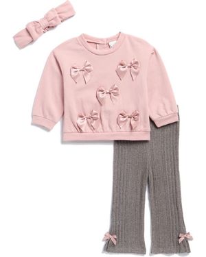 Nicole Miller Bow Pullover, Flare Pants & Headband Set - Pink