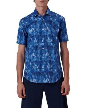 Bugatchi Shaped Fit Print Stretch Cotton Short Sleeve Button-Up Shirt - Blue
