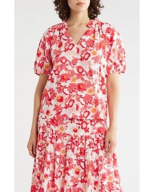 Caslon Split Neck Puff Sleeve Cotton Gauze Top - Red