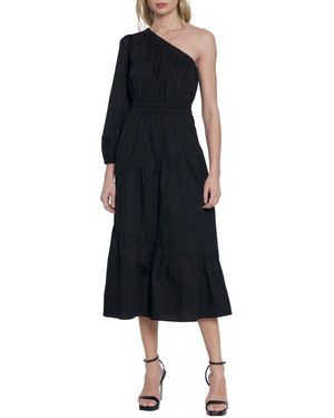 Donna Morgan One-Shoulder Puff Sleeve Stretch Cotton Midi Dress - Blue