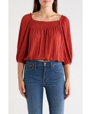 Max Studio Crinkled Balloon Sleeve Bubble Hem Top - Red