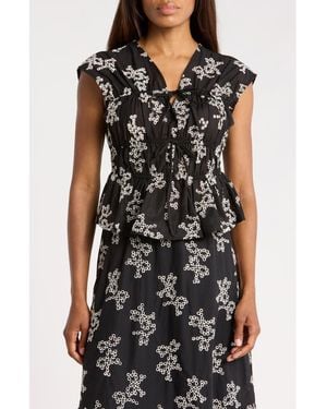 Ellen Tracy Floral Embroidered Sleeveless Cotton Voile Peplum Top - Black