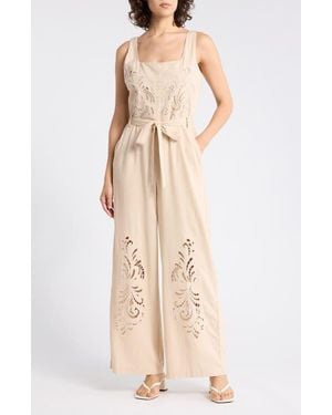 Ellen Tracy Embroidered Cutwork Sleeveless Jumpsuit - Natural