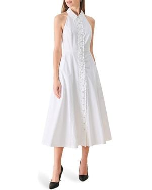 FREEMARKET Ruffle Trim Halter Neck Midi Shirtdress - White