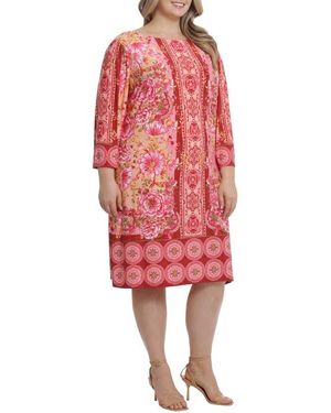 London Times Floral 3/4 Sleeve Shift Dress - Red