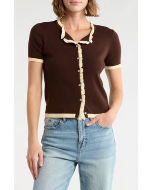 Joie Ruffle Short Sleeve Crop Cardigan - Brown
