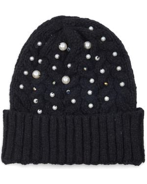 Saachi Faux Pearl Embellished Cable Knit Beanie - Black